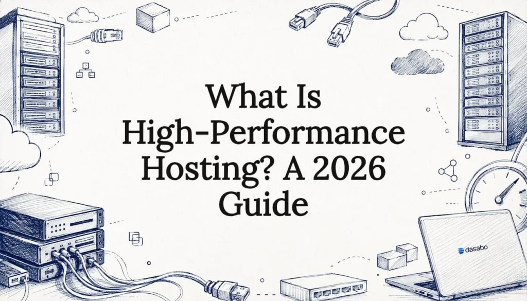 Decorative title card illustration with servers and networks