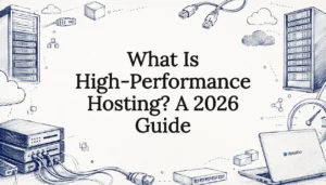 Decorative title card illustration with servers and networks
