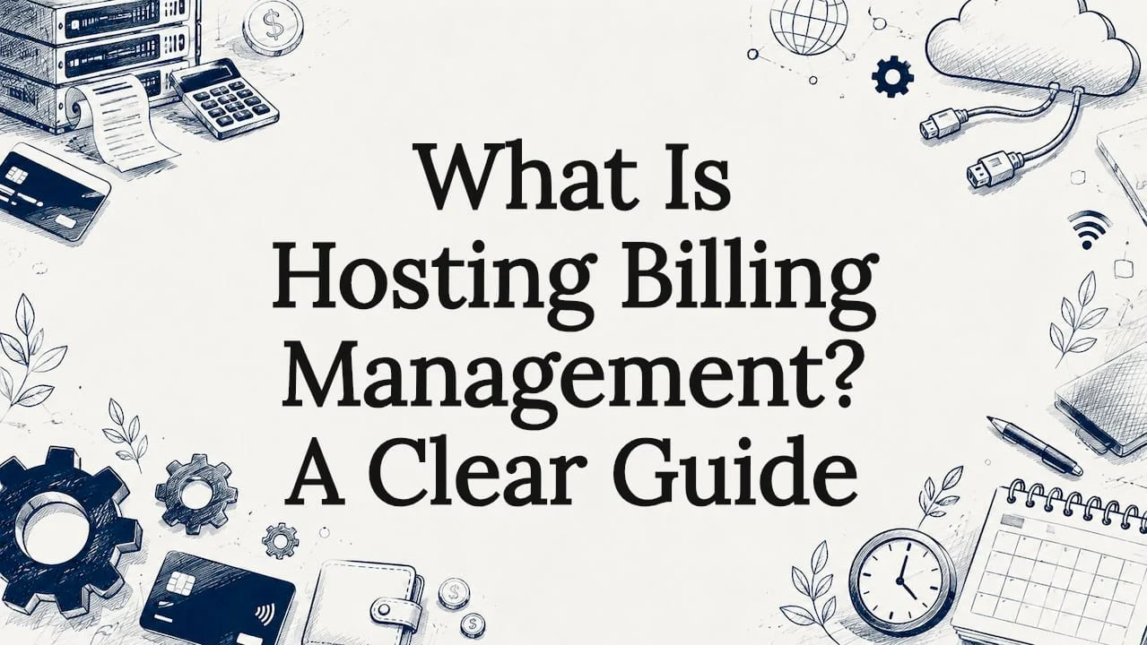 Decorative title card illustration with hosting and billing elements